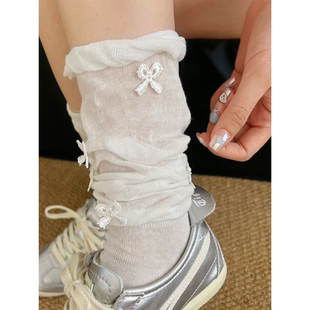 薄款 蝴蝶结网纱堆堆袜子女长袜ins潮纯棉夏季 日系jk芭蕾风中筒袜