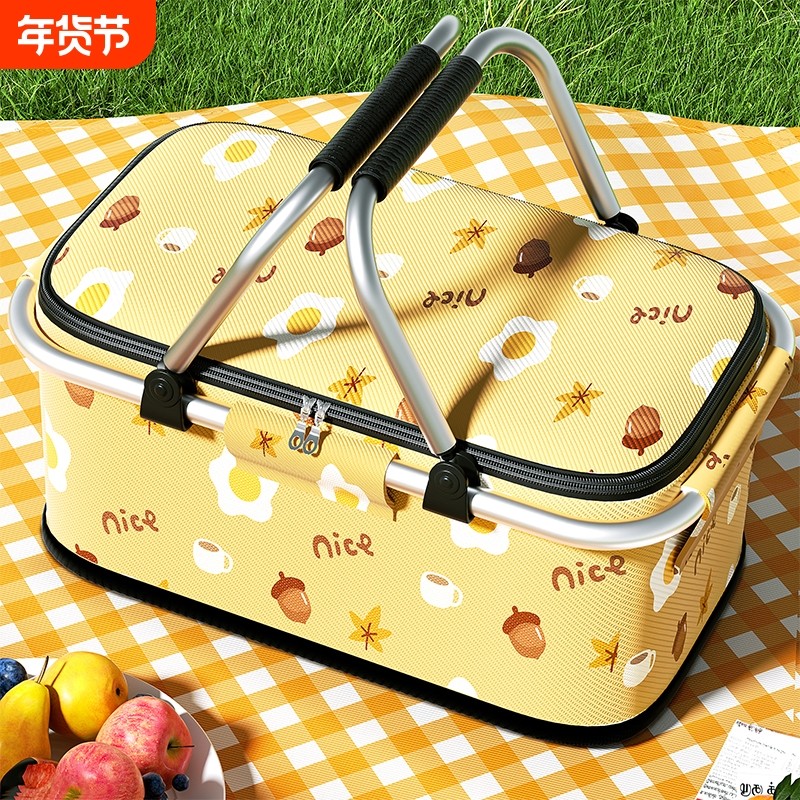 户外野餐篮大容量保温包可折叠便携外卖送餐箱保鲜保冷冰包购物篮