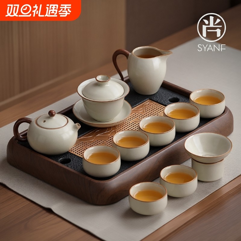 汝窑现代简约茶具套装家用泡茶专用陶瓷茶杯茶盘茶壶高档轻奢喝茶