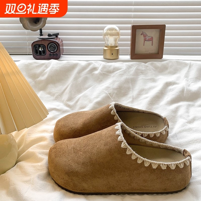 复古刺绣勃肯鞋包头半拖鞋女外穿2025秋季新款厚底内增高博肯单鞋