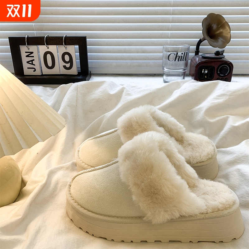 皮毛一体厚底棉拖鞋女2024新款秋冬加绒雪地靴外穿包头半拖棉鞋
