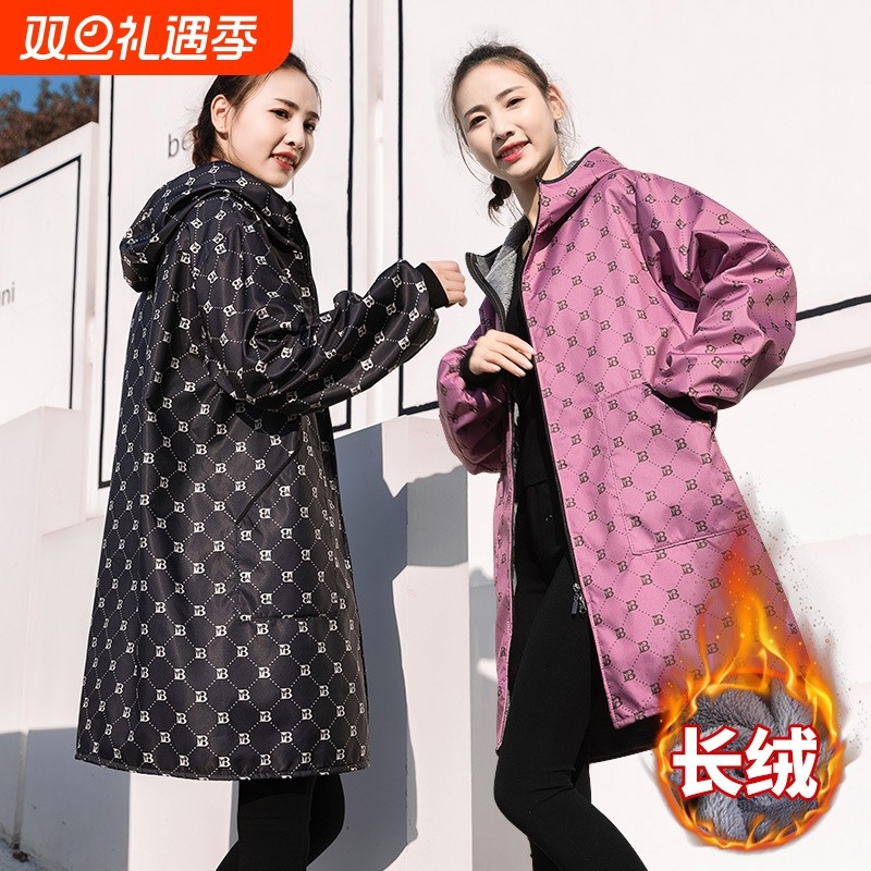冬季加绒加厚罩衣大人女厨房防水防油围裙新款上班工作服外套大褂