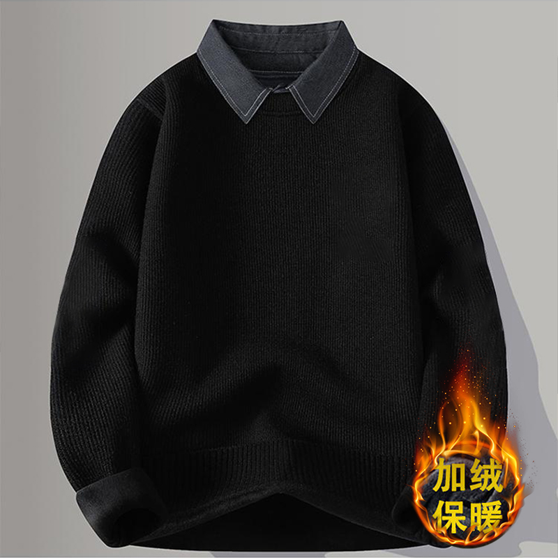 2025秋冬季男士加绒加厚保暖上装毛衣假两件男装衬衣领针织衫薄款