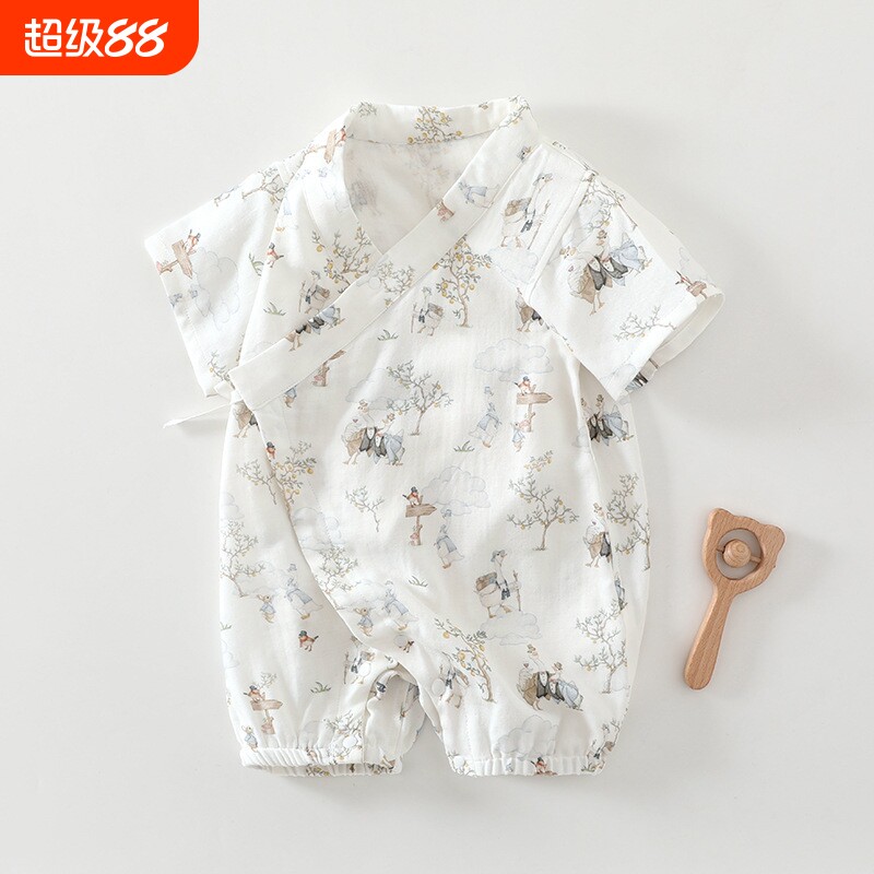 婴儿夏季薄款连体衣短袖新生儿竹纤维爬服和尚服宝宝夏装纱布母婴