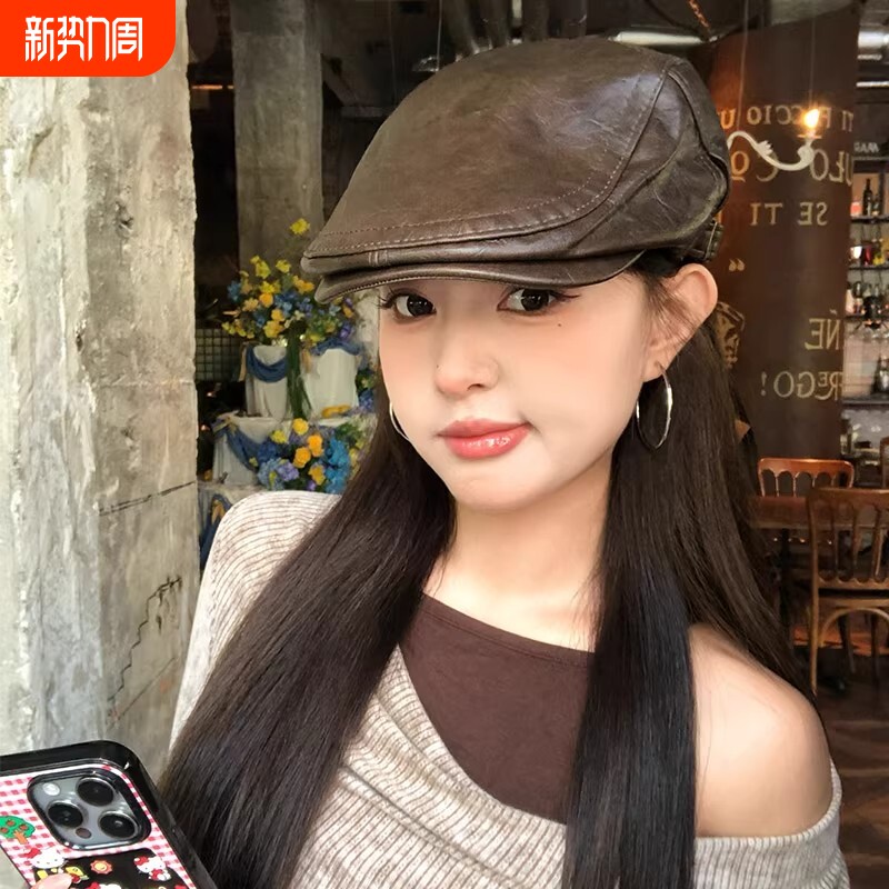 复古pu皮质前进帽男女秋冬时尚英伦风报童帽街头时髦个性画家帽子