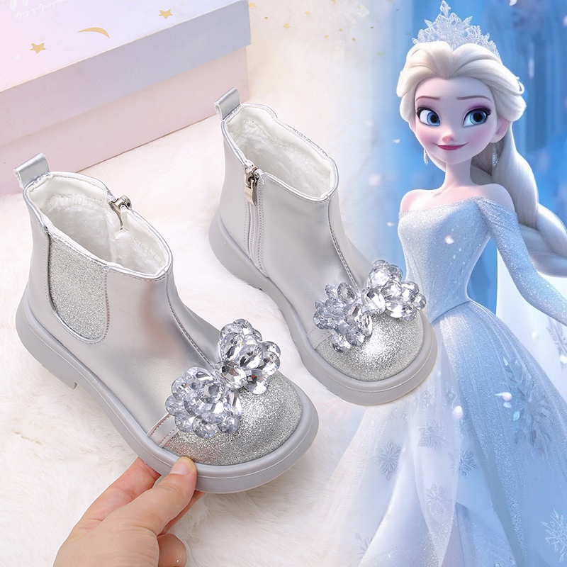 儿童皮靴2025秋冬新款女童洋气爱莎公主靴子女孩单靴水晶短靴加绒