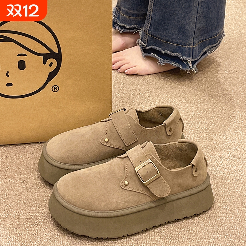 厚底勃肯鞋女秋季外穿2025新款百搭松糕鞋一脚蹬增高单鞋加绒棕色