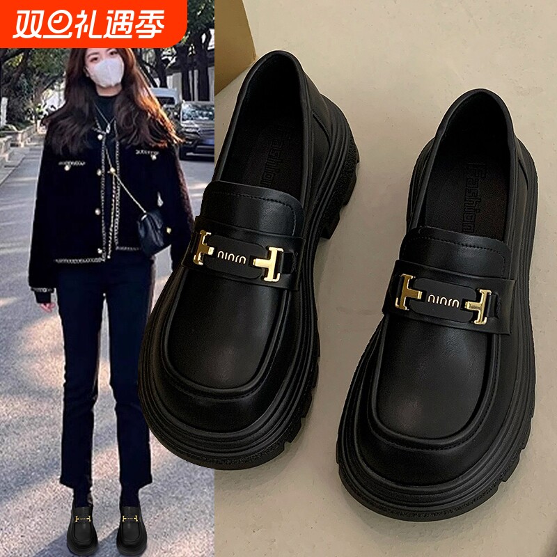 厚底乐福鞋女2025新款软底豆豆鞋女鞋小皮鞋女款单鞋黑色鞋子简约