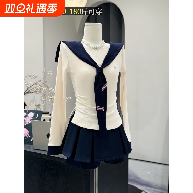 海派拍照出片衣服大码V领上衣T恤披肩百褶裙三件套秋季海军领短裙