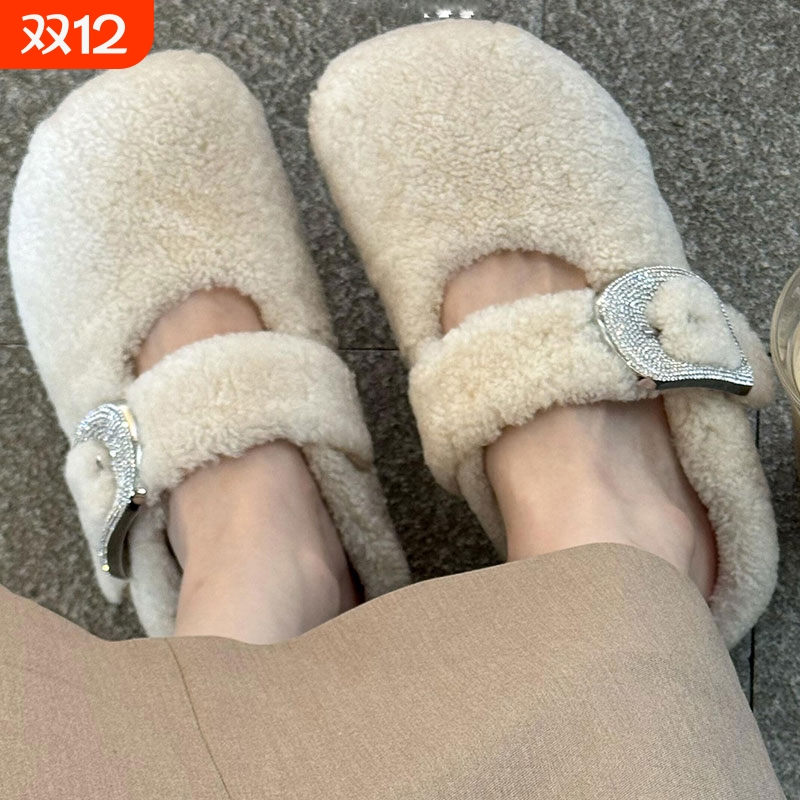 同款白色爆款包头羊羔毛毛拖鞋女外穿加绒棉鞋水钻勃肯鞋内增高