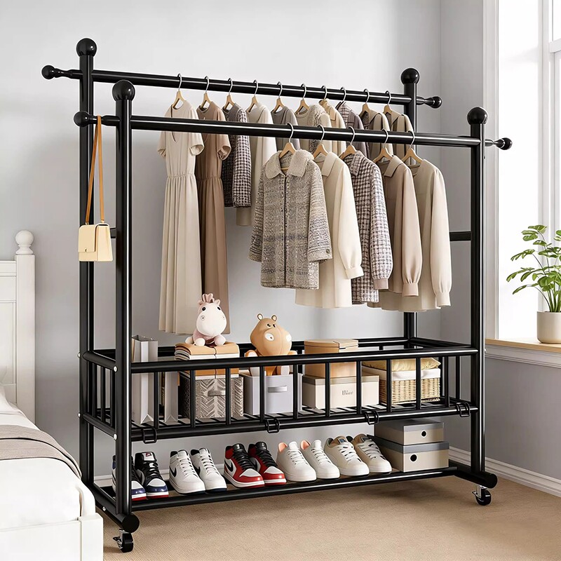 双杆挂衣架落地卧室家用可移动挂衣服架子室内晾衣架多功能衣帽架