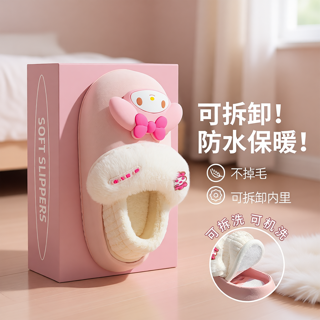 美乐蒂防水棉拖鞋女士冬季2025新款室内家居厚底拆卸可爱毛绒拖鞋