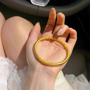 古法传承卷草纹金箍棒手镯女越南沙金仿真黄金实心包银正品 高级感