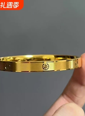 镀金强保色古法沙金米字车花手镯时尚简约钻纹螺丝纹拉丝精致手镯