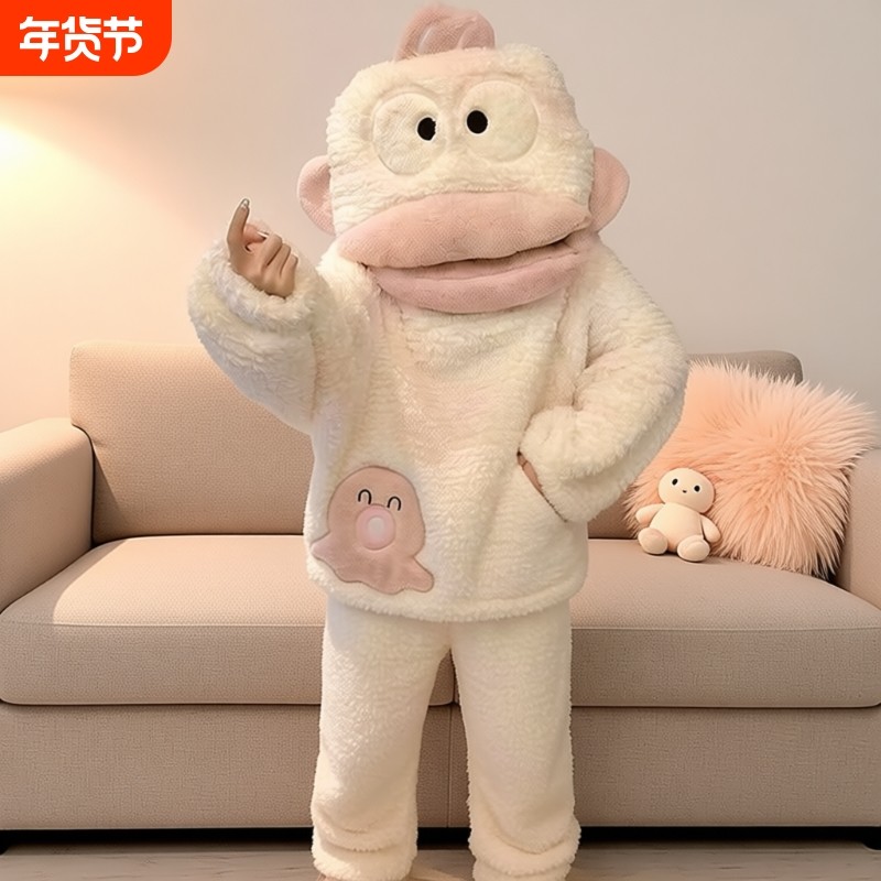 丑鱼睡衣套装秋冬珊瑚绒可爱连帽加厚保暖家居服可外穿连体白色,女士内衣/男士内衣/家居服,睡衣/家居服套装,淘宝优惠券,粉丝福利购,淘宝优惠卷