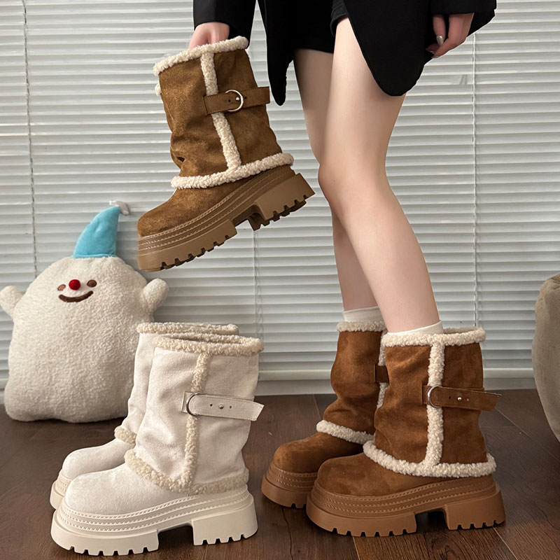 厚底增高加绒棉鞋2025冬季新款长靴子保暖长筒雪地靴女款白色棕色
