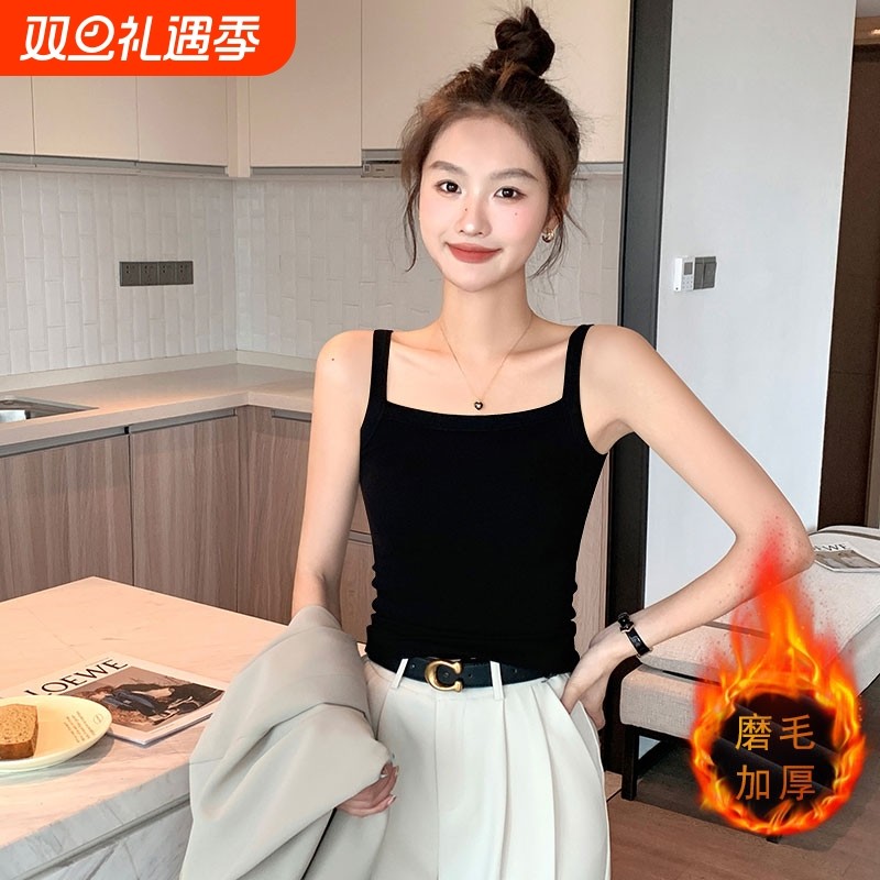 黑色小吊带背心女内搭秋冬季加厚保暖修身显瘦打底美背上衣外穿