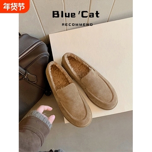 ~老钱风加绒乐福鞋女秋冬新款保暖雪地靴厚底一脚蹬毛毛鞋灰色