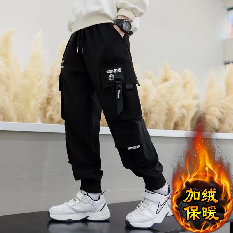 男孩童装工装裤子加绒长裤秋冬季洋气儿童运动裤时髦休闲束脚卫裤