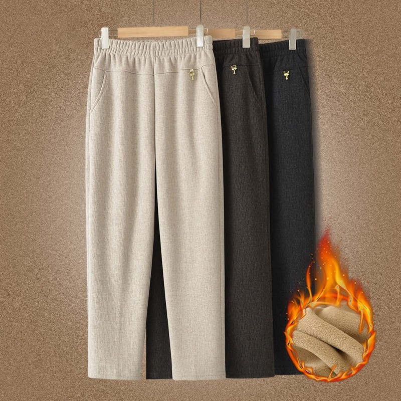 妈妈冬款加绒加厚棉裤女冬季保暖直筒大码高腰外穿休闲裤燕麦色