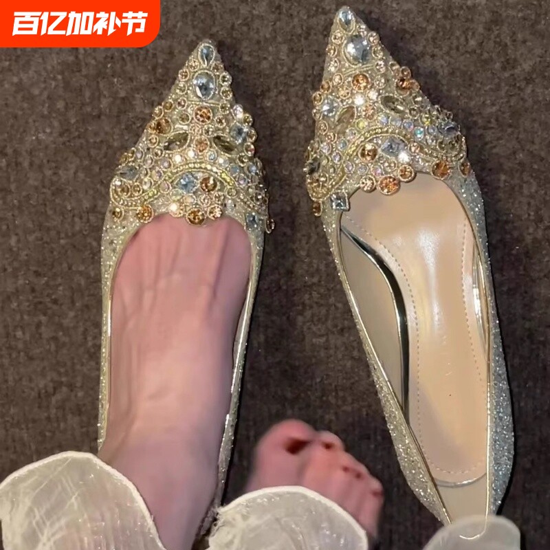 法式秀禾主婚纱高跟鞋女低跟孕妇水晶鞋金色婚鞋新娘鞋2024年新款