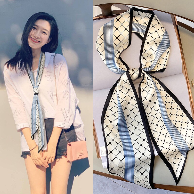 锁骨细窄长条丝巾装饰小围巾女百搭秋季护颈领巾发带条纹白色轻奢