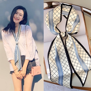 锁骨细窄长条丝巾装 护颈领巾发带条纹白色轻奢 饰小围巾女百搭秋季