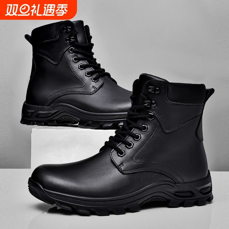 真牛皮冬季加绒马丁靴男士英伦机车靴子厚底耐磨软底工装靴高帮