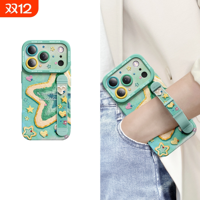 适用苹果系列手机壳腕带油画星星