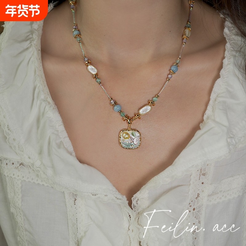 《糖豆》复古重工油画项链不规则珍珠吊坠颈链小众锁骨链蝴蝶独特
