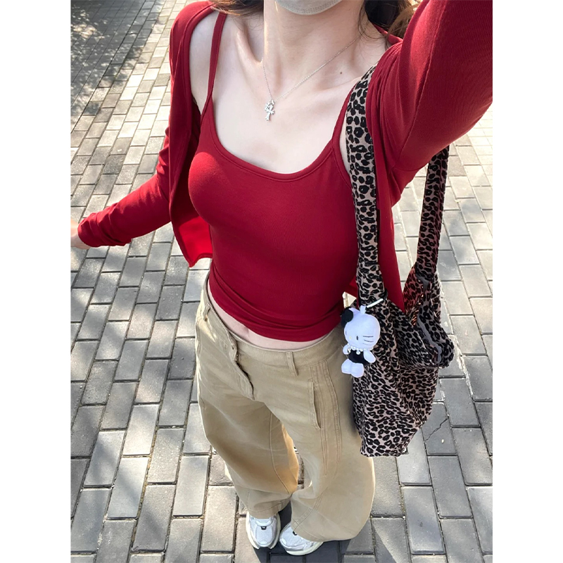 红色吊带背心女修身显瘦带胸垫