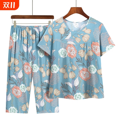 中年妈妈夏季薄款棉绸睡衣套装