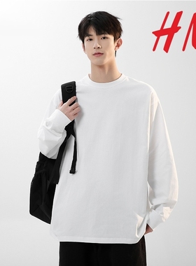 HM长袖t恤男重磅纯棉女宽松春秋款卫衣白色内搭打底衫男上衣薄款