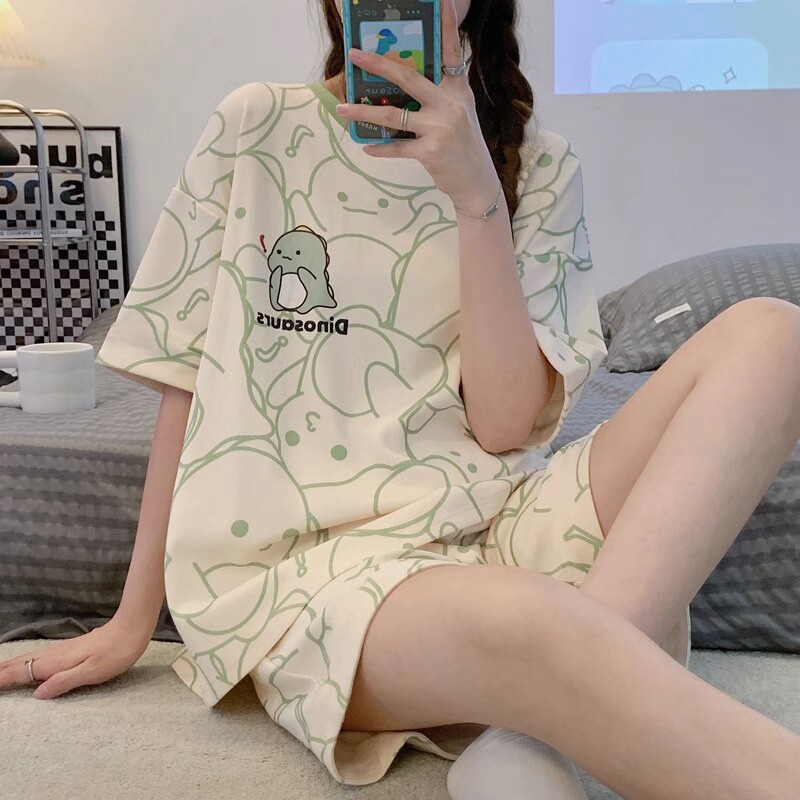 睡衣女款夏2025新款高级感短袖春夏天女士大码可爱恐龙家居服套装