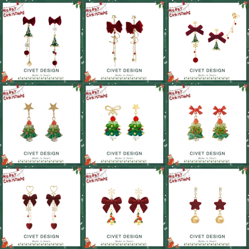 原创圣诞节耳饰品圣诞树不对称耳环可爱少女耳钉无耳洞耳夹礼物