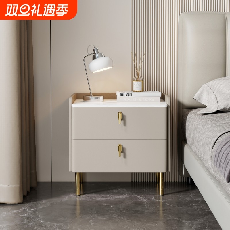 实木床头柜家用简约小型床边柜收纳柜现代轻奢高级感岩板储物柜子