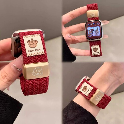 可爱小熊编织磁吸表带适用苹果手表S11代iwatchS10通用SE小米9Pro替换8765运动腕带黑色粉色红色表盘手腕紫色