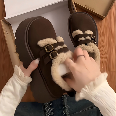 厚底增高勃肯女鞋雪地靴2025新款冬季加绒保暖毛毛鞋棉鞋黑色毛绒