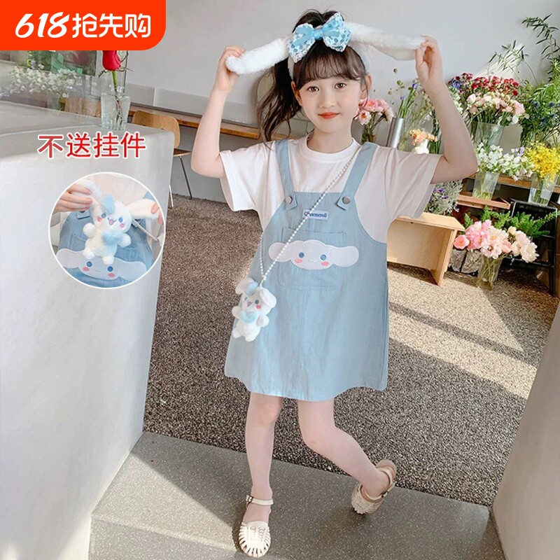 女童2026短袖连衣裙夏装小清新儿童新款洋气背带玉桂狗假两件裙子