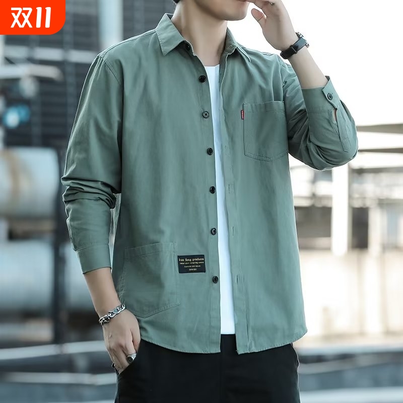 纯棉长袖衬衫男士工装宽松休闲衬衣男秋装港风2024年秋冬外穿黑色