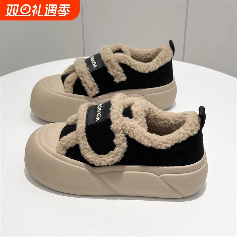 松糕底魔术贴棉鞋女冬加绒加厚2025冬季新款一脚蹬乐福鞋面包鞋潮