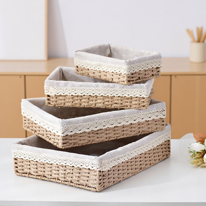 桌面收纳盒茶几杂物玄关钥匙编织收纳筐草藤编化妆品收纳篮储物盒