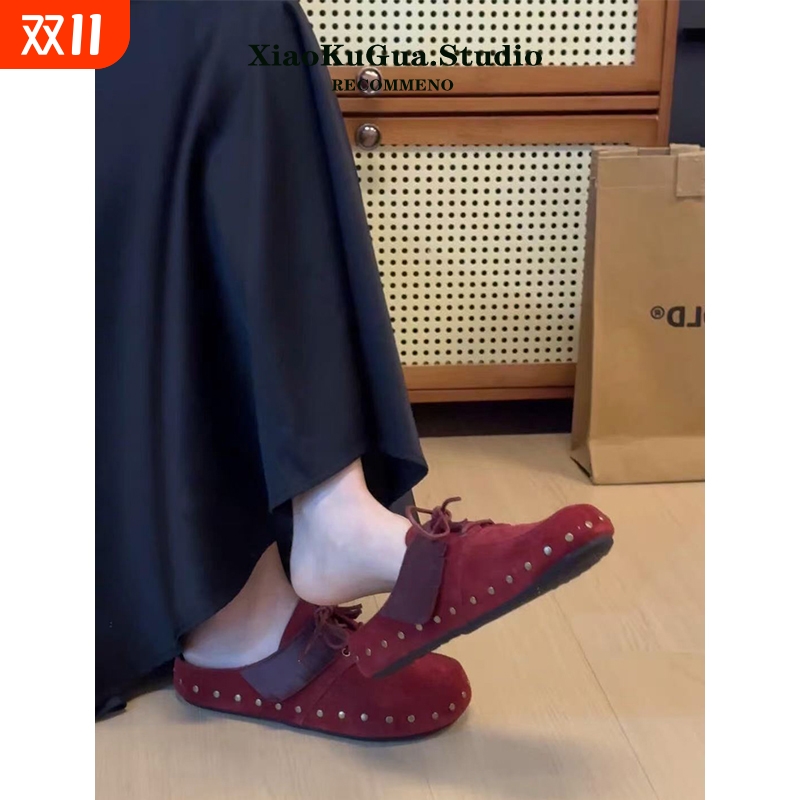 铆钉包头半拖鞋女外穿2025新款秋季厚底勃肯鞋圆头一脚蹬穆勒鞋子