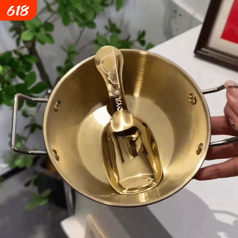 加厚不锈钢金色双耳碗超萌可爱金色+卡皮巴拉罐罐勺子家用沙拉碗