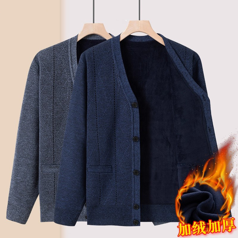 爸爸装秋冬季加绒加厚开衫毛衣中老年人男保暖针织衫外套爷爷上衣