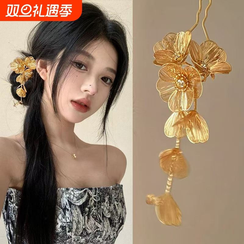 新款中国风金色u型发钗簪子女新中式花朵流苏发簪高级感发饰头饰