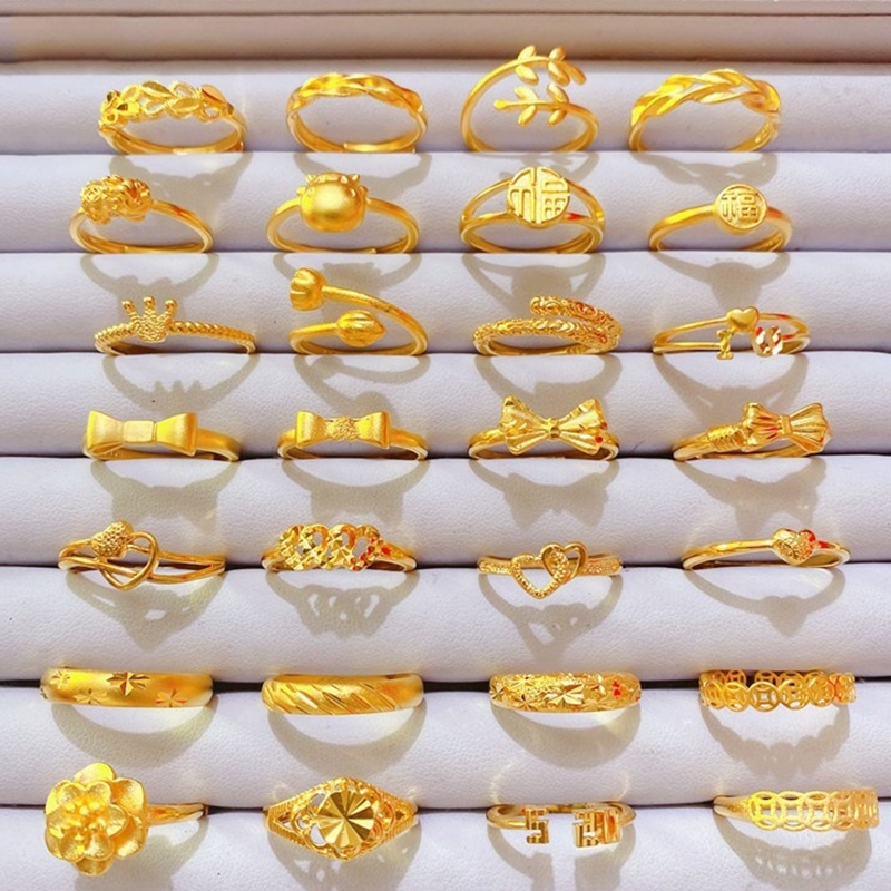 黄铜镀金满天星戒指女士爱心条戒福字开口女戒沙金饰品铜钱麦穗