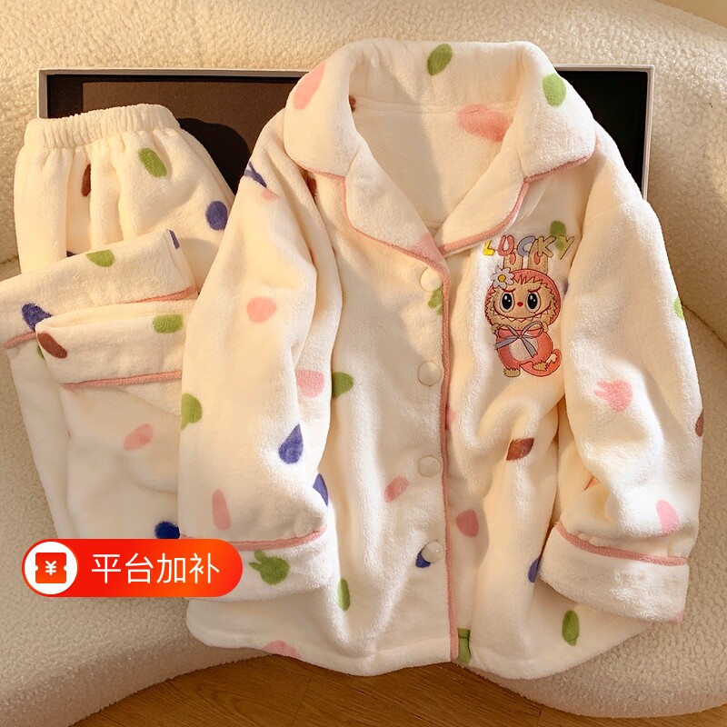 冬季女童珊瑚绒法兰绒儿童睡衣加绒加厚保暖亲肤中大童家居服套装