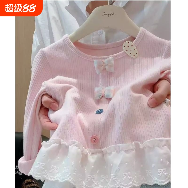 女童长袖蕾丝花边t恤洋气打底衫女宝宝上衣秋装潮t薄款春秋小童