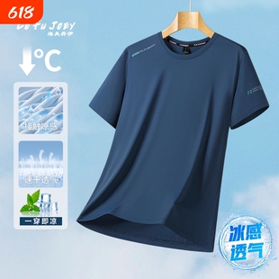 冰丝短袖T恤夏季男透气大码运动速干衣体恤白色锦纶氨纶薄款健身